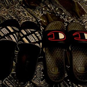 Champion and adidas sandals.